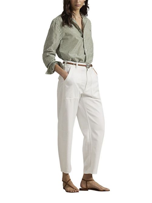 camicia donna in lino e cotone over a righe militare e bianco Ralph Lauren | 211971514500